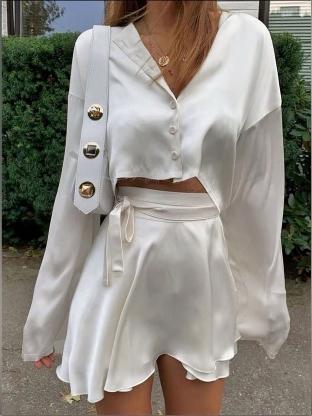 Commense set White Satin Tie-Waist Skirt - Women's